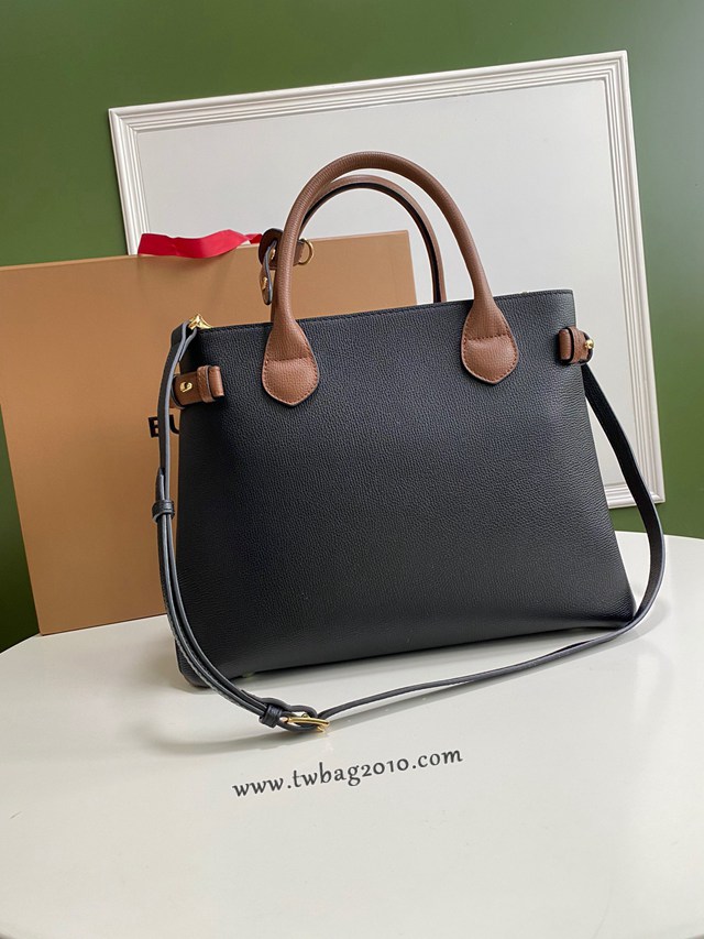 Burberry專門店新款中號黑棕托特包 巴寶莉粒面小牛皮手提肩背女包 yxb1422